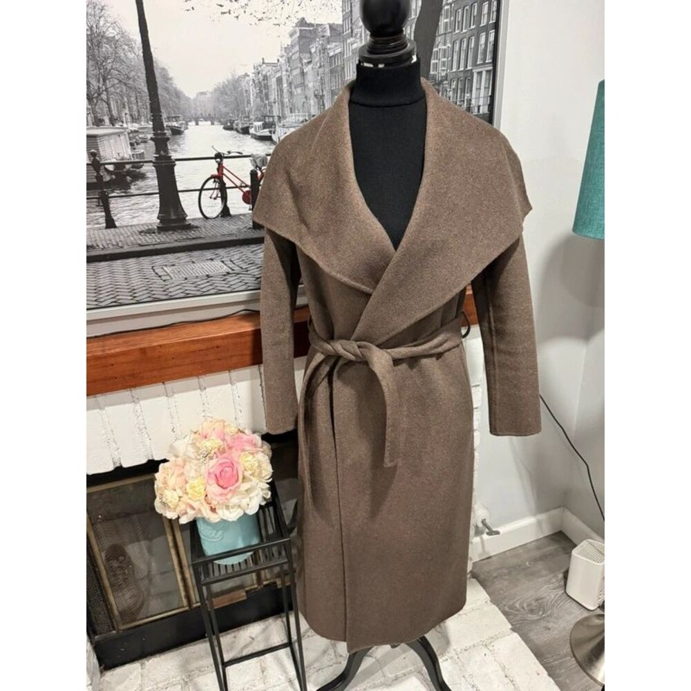 Double-Faced Merino Wool Draped Collar Wrap Long Coat “Cocoa Melange” shade